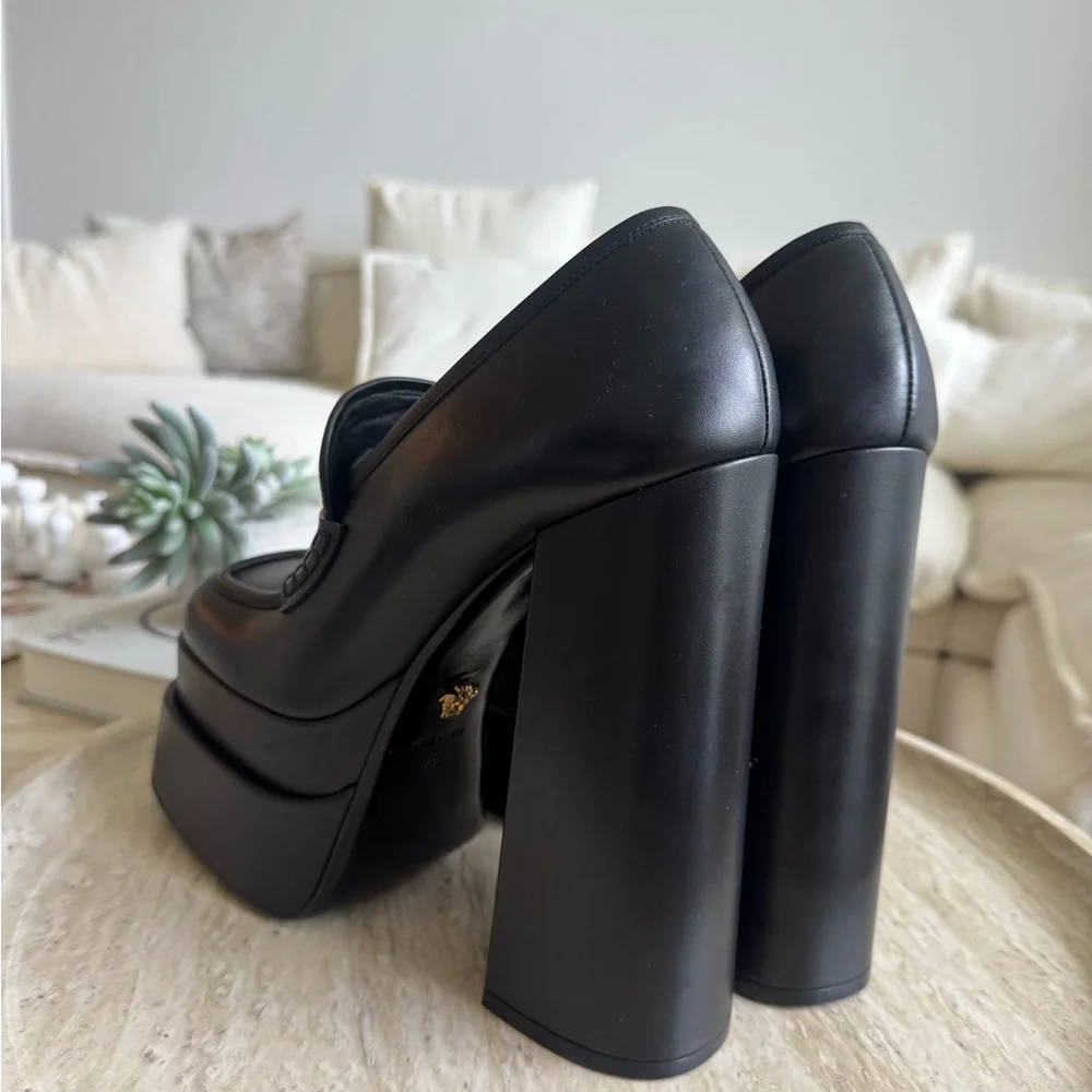 Versace Black Leather Platform Loafers with Gold Medusa